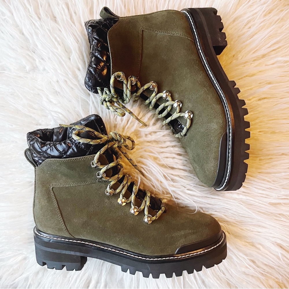 *SOLD* Marc Fisher Mlinnie Faux Suede Lug Boots Green NWOB Size 6